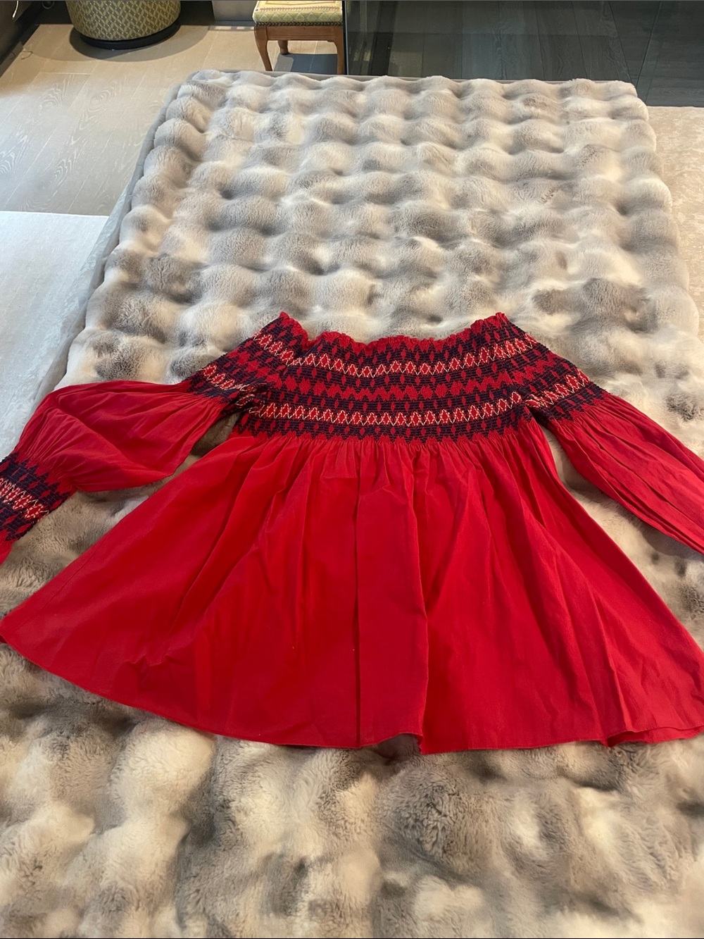 Sandro Red Off-Shoulder Smocked Blouse with Navy Pattern